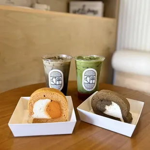 Clockwise: Matcha Latte w/ oat milk ($6.75), Hōji Roll Cake ($6), Thai Tea Roll Cake (OTH), Hōji Latte w/ oat milk ($6.75)