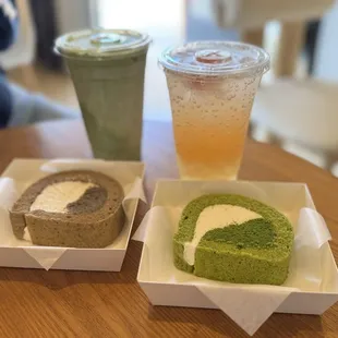 matcha latte, grapefruit sparkingly water, hojicha tea roll and matcha tea roll.