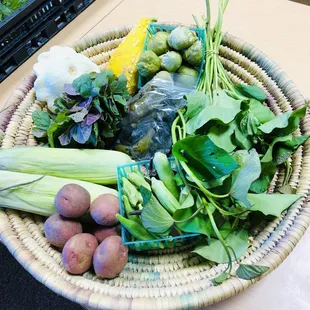 A September 2019 Classic Share:  sweet potato vine, red potatoes, okra, corn, amaranth greens, summer squash, roasted chilies, tomatillos