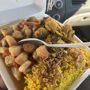 Sweet potato, yellow rice, curry, spicy chicken