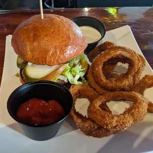 Tavern burger with onion rings