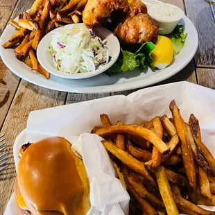 Fish &amp; chips (in the back) &amp; burger - greasy goodness