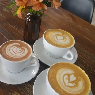 Mocha, lavender latte, Carmel latte