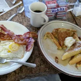 French toast eggs hash and sourdough toast