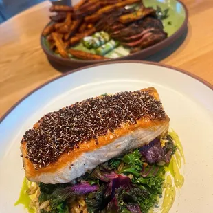 The Grilled Flat Iron Steak and the Seared Atlantic Salmon. Both amazing!!