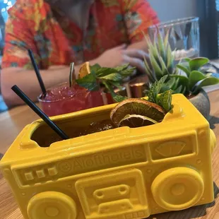 Their signature Boombox Cocktail. How fun is the glassware that it came in?