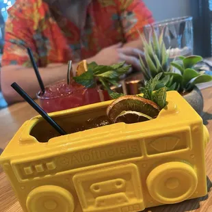 Their signature Boombox Cocktail. How fun is the glassware that it came in?