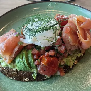 Avocado toast with Salmon and poached egg
