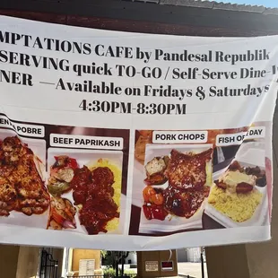 The banner shows photos of the four entrées they serve for dinner on Friday and Saturday evening.