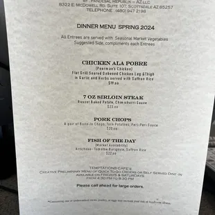 Dinner menu for spring 2024. They change it up based on the season.