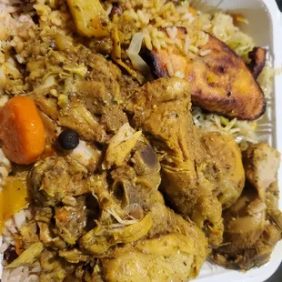 Curry Chicken with Rice n Peas and cabbage