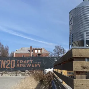 a grain silo in the background