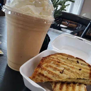 Coconut frappe and bacon,egg cheese sandwich on artisan bread