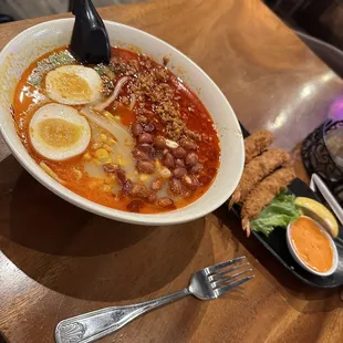 Spicy Pork Ramen with fried shrimp.