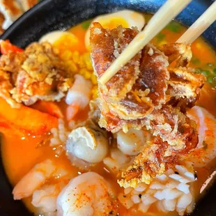 Crisp fried soft shell crab in the Seafood Ramen