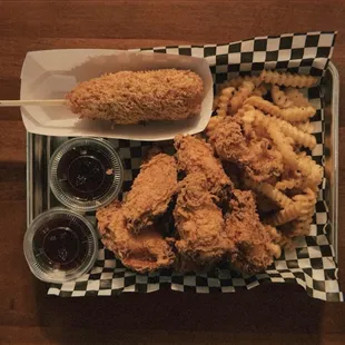 Half &amp; half for dog, crispy wings, and Cajun fries.