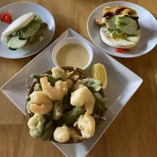 Shishito and Rock Shrimp Tempura, Aigamo Bun, and Buta Bun.