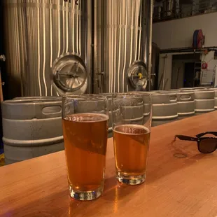two glasses of beer on a bar