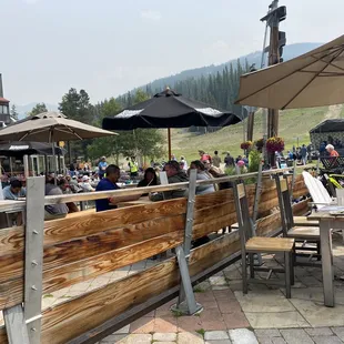 outdoor seating with tables and umbrellas