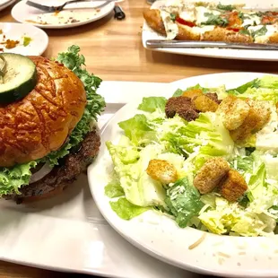 Burger and Caesar salad