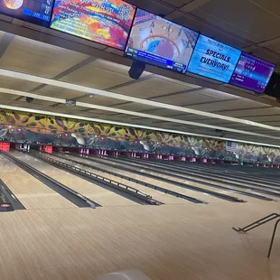 View of the lanes and the overhead automated electronic scoring system.