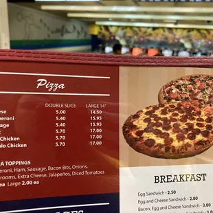 Pizza menu, full pie or by the slice