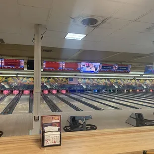 Views of the bowling lanes and scoreboards