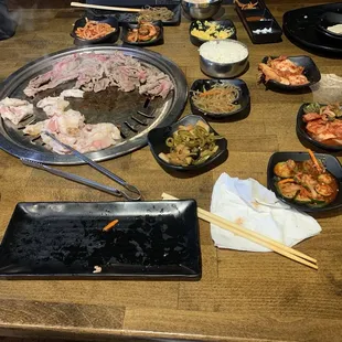 Sliced Pork Belly, Beef Brisket, all the sides and rice