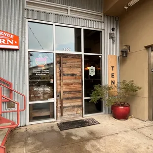 the entrance to a restaurant