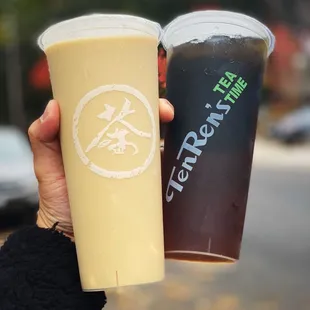 Roasted Oolong Milk Tea with Egg Pudding and Winter Melon Oolong Tea with Grass Jelly