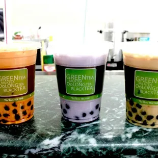 thai tea, taro milk tea, and black milk tea