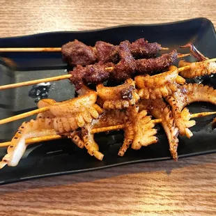 Beef and squid fried skewers, $4.50 for 2 skewers. Tasty but tiny portions, especially the beef.