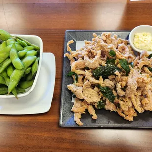 Edamame and popcorn chicken