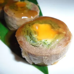 Beef negimaki, close-up.