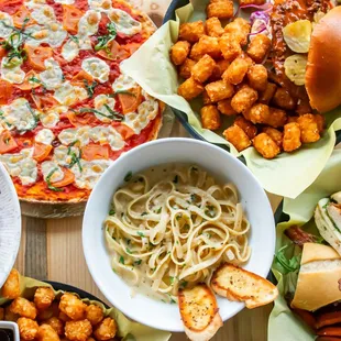a variety of food items on a table