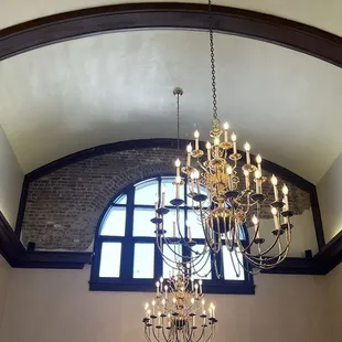 Exposed brick and arched windows