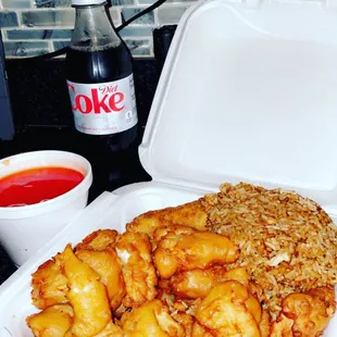 Sweet &amp; sour chicken paired with chicken fried rice