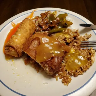 My 1st helping. Egg roll, beef pepper on white rice, almond chicken on fried rice. Ate egg drop soup b4 no photo so hunnngggry