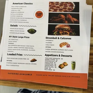 Burgers, philly's, pizza, Stromboli, calzone, fries, desserts etc