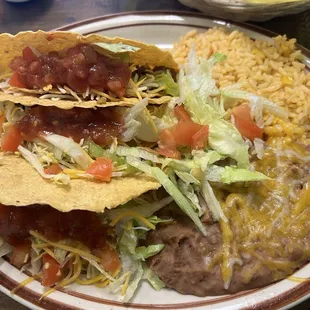 3 beef taco plate with beans and rice