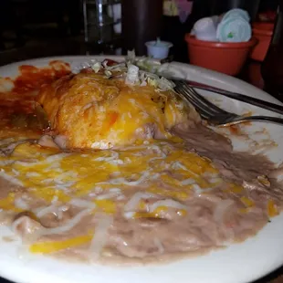 Adovada stuffed sopa, I skipped the rice, so they dished up additional refried beans.