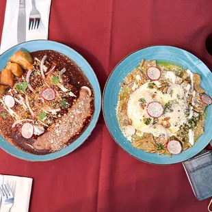 The guajillo chicken enchiladas &amp; the green chilaquiles