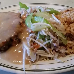 Lunch combo...Pork Fried Rice, Egg Foo-Yung, and Pork Chow-Mein with Pan Fried Noodles. Delicious!!!!