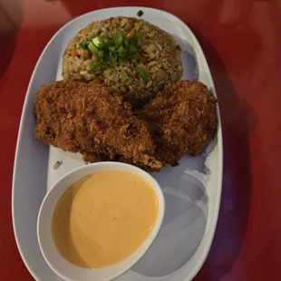 Tenders,  fried rice,  and bang bang sauce
