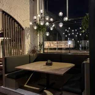 a table and benches in a restaurant