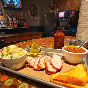 Tender Smokehouse Turkey Breast, sliced! w/ Bbq Beans, and extra side of Potato Salad.