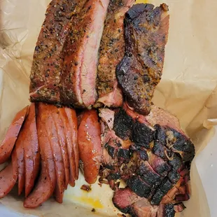 Pork ribs, moist brisket, and sausage