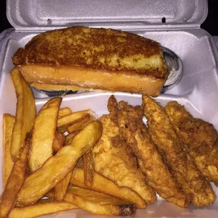 The fries are about the same size as the chicken strips.