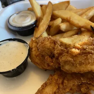a plate of fried chicken and french fries