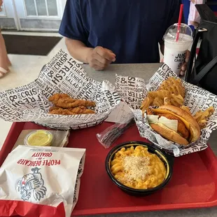 Tenders, Honey Butter chicken sandwich, spicy chicken sandwich, mac and cheese.